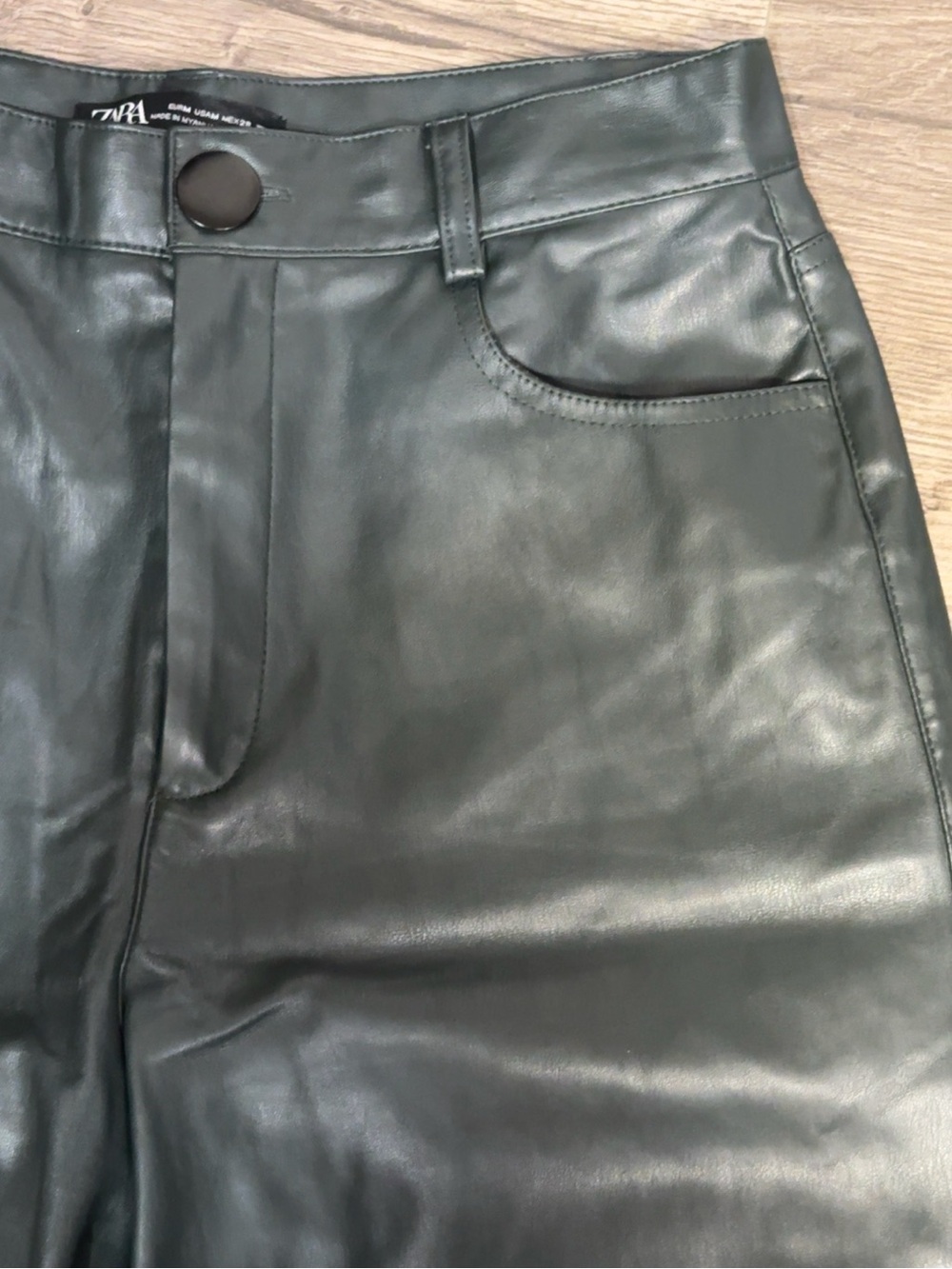 ZARA Dark Green Faux Leather High Rise Wide Leg Pants Size M - Picture 6 of 13